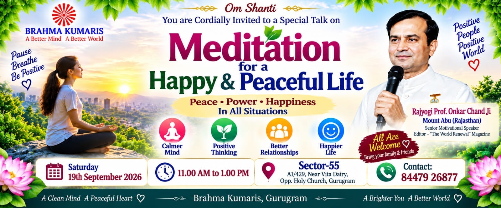 Invitation banner of Meditation for a Happy and Peaceful Life session at Brahma Kumaris Sector 55 Gurugram